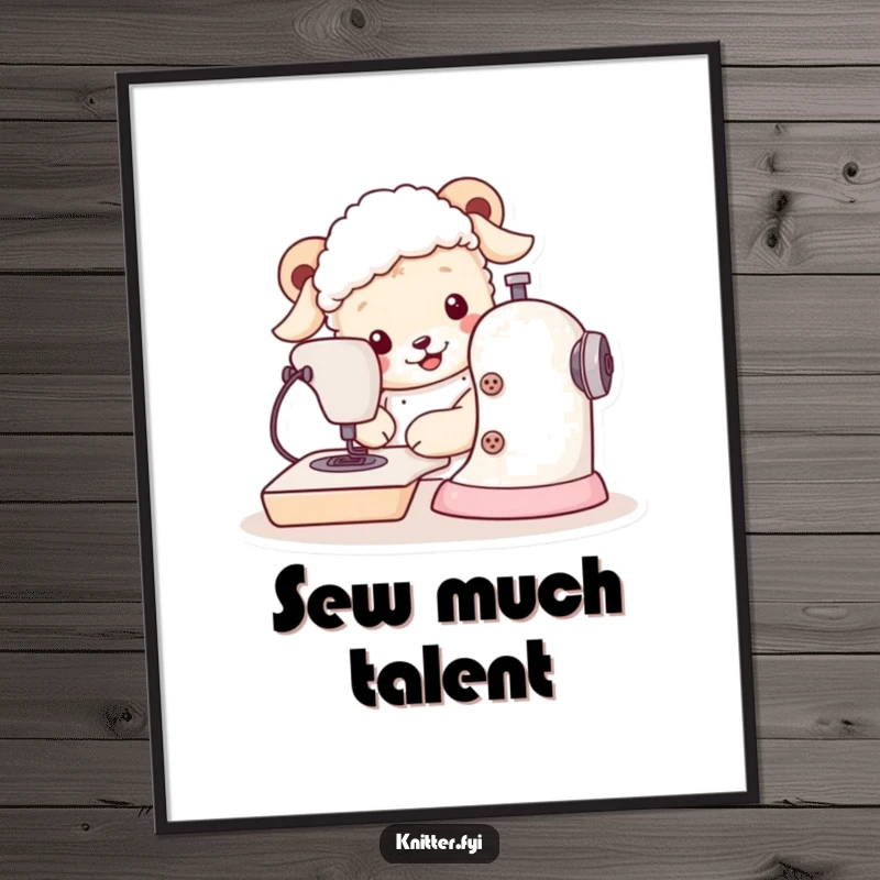 Funny sheepdog poster print of a dog carefully sewing with a large-buttoned machine, adding humor to any room.