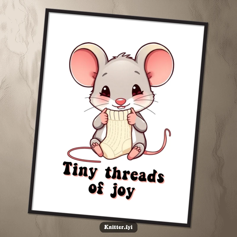 Funny mouse poster featuring a happy mouse knitting a miniature sock with tiny needles, ideal humorous wall art.