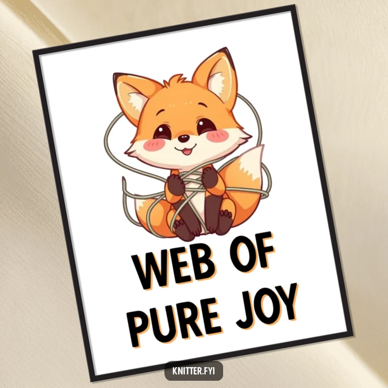 Funny Fox Yarn Poster displaying a playful fox character smiling while tangled in a web of colorful yarn, ideal wall art.