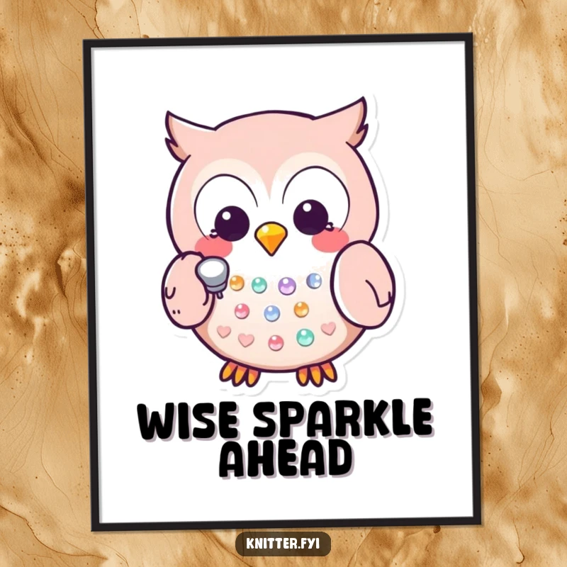 Funny Kawaii owl character using a thimble, gently tapping a sequin, a humorous and artistic poster for wall decor.