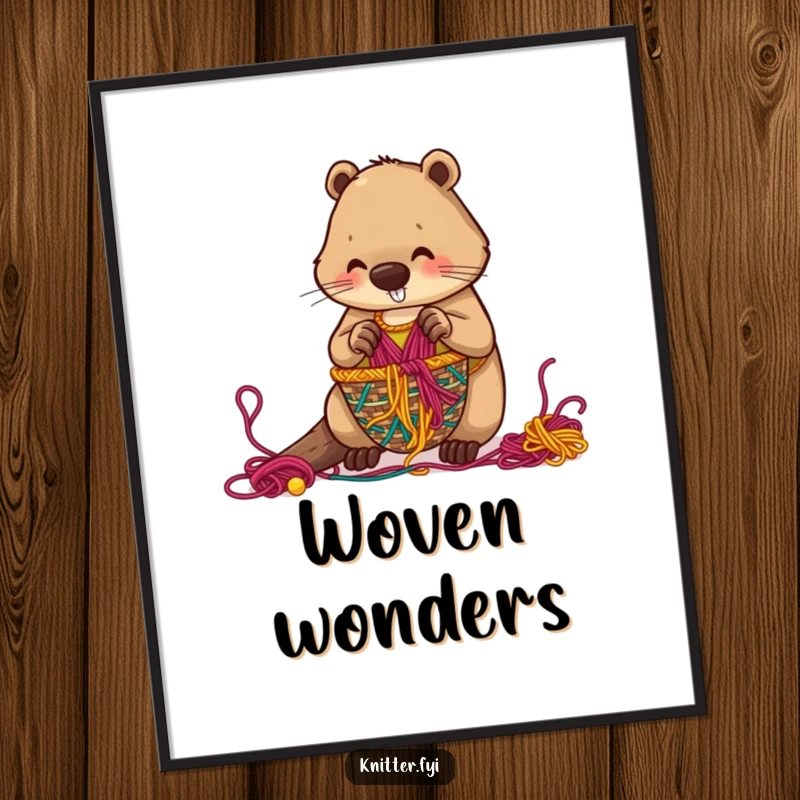 Funny beaver poster featuring a diligent character weaving an intricate basket from colorful threads, adding artistic humor.