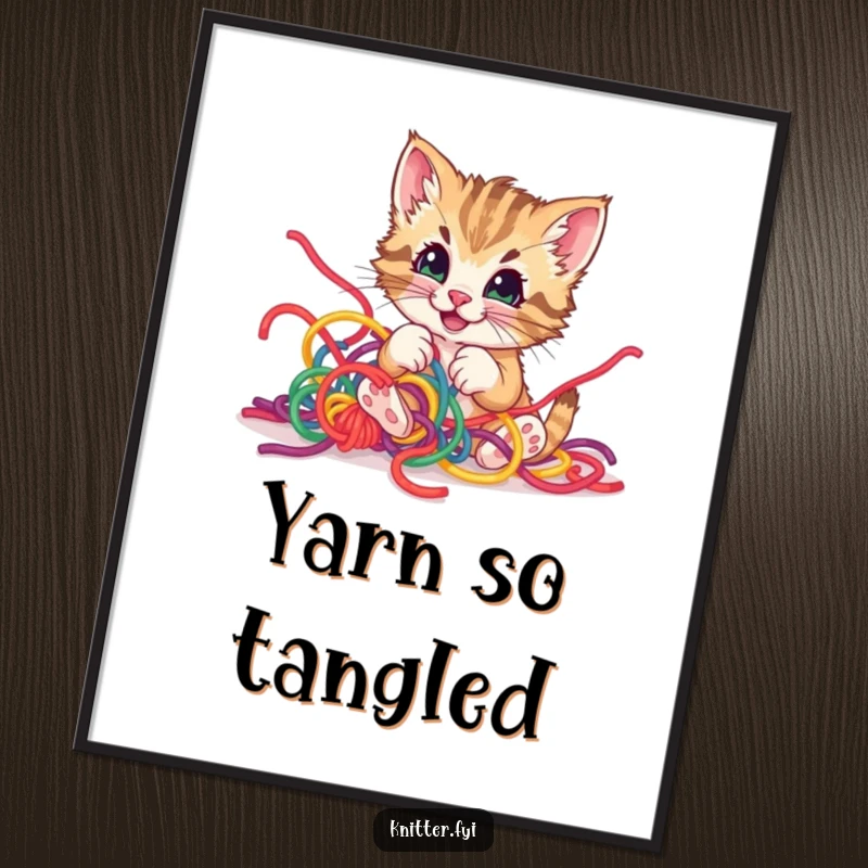 Funny kitten yarn poster, a playful kitten caught in a delightful tangle of colorful yarn, radiating pure joy.