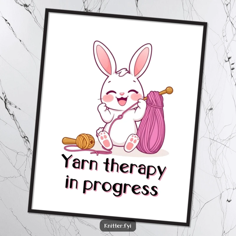 Funny poster art of a cheerful bunny character happily threading a giant sewing needle with colorful yarn, perfect whimsical wall decor.