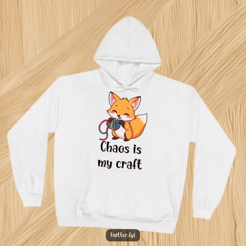 Funny hoodie with a cunning fox character playfully weaving colorful yarn into a complex knot, perfect for warm and witty wear.