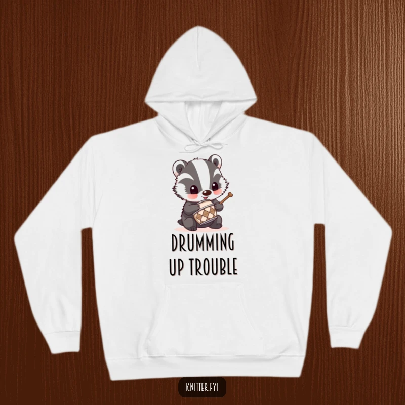 Funny badger drummer hoodie showing a mischievous badger using a tiny thimble as a drum, cozy and cool.