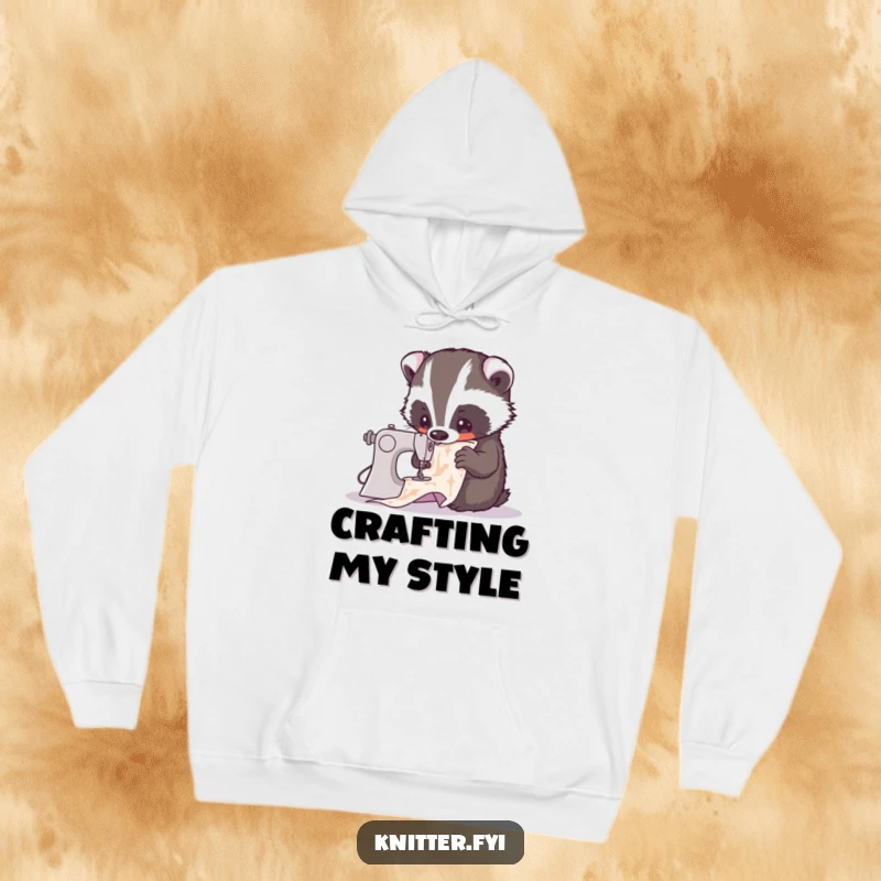Funny hoodie depicting a curious badger engrossed in a complex sewing pattern. Cozy and creative, a perfect funny gift for crafters.