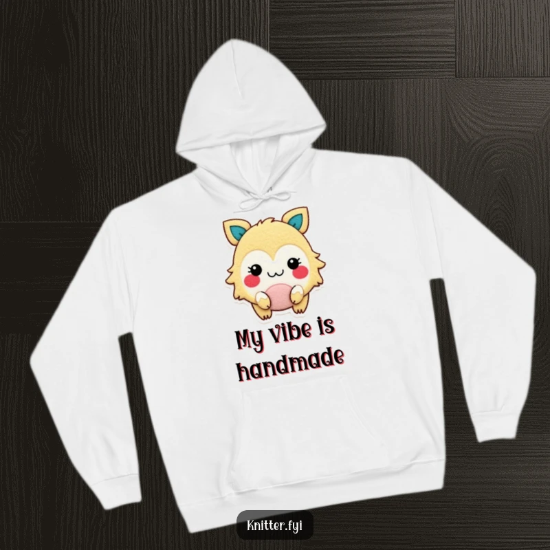 Funny hoodie showing a happy, rosy-cheeked creature joyfully cutting a shape from felt, designed for comfort and laughs.
