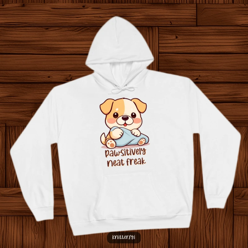 Funny Kawaii dog in a hoodie, diligently smoothing fabric with its paw, a warm and humorous design for comfort lovers.
