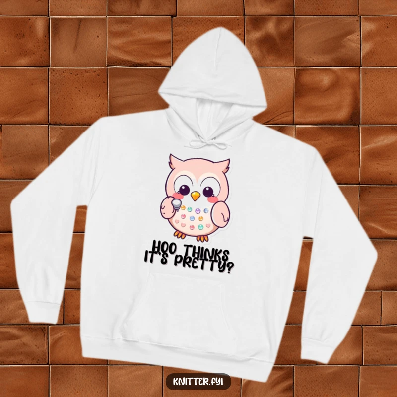 Funny Kawaii owl in a hoodie, using a thimble to place a sequin, a warm and humorous design for creators.