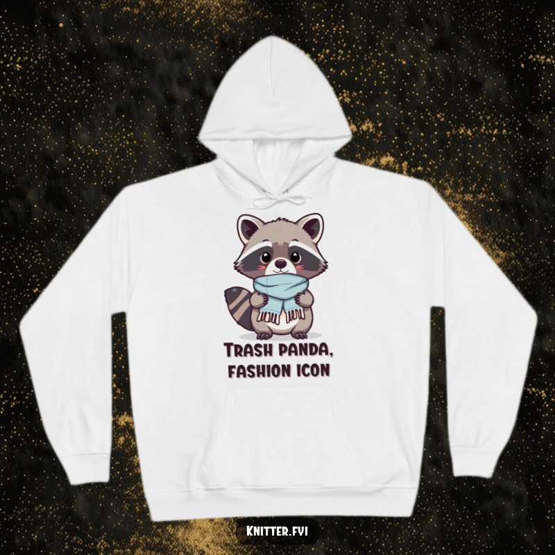Funny Kawaii raccoon in a hoodie, proudly displaying a tiny scarf it finished, a warm and humorous design.