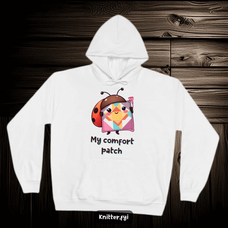 Funny ladybug hoodie featuring a proud character showcasing a perfectly stitched quilt square, perfect for cozy days.