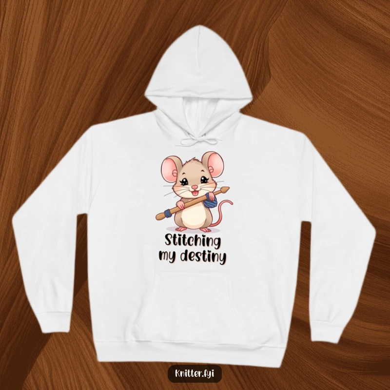 Funny mouse hoodie, a small mouse holding oversized knitting needles with a determined grin, cozy and tenacious.