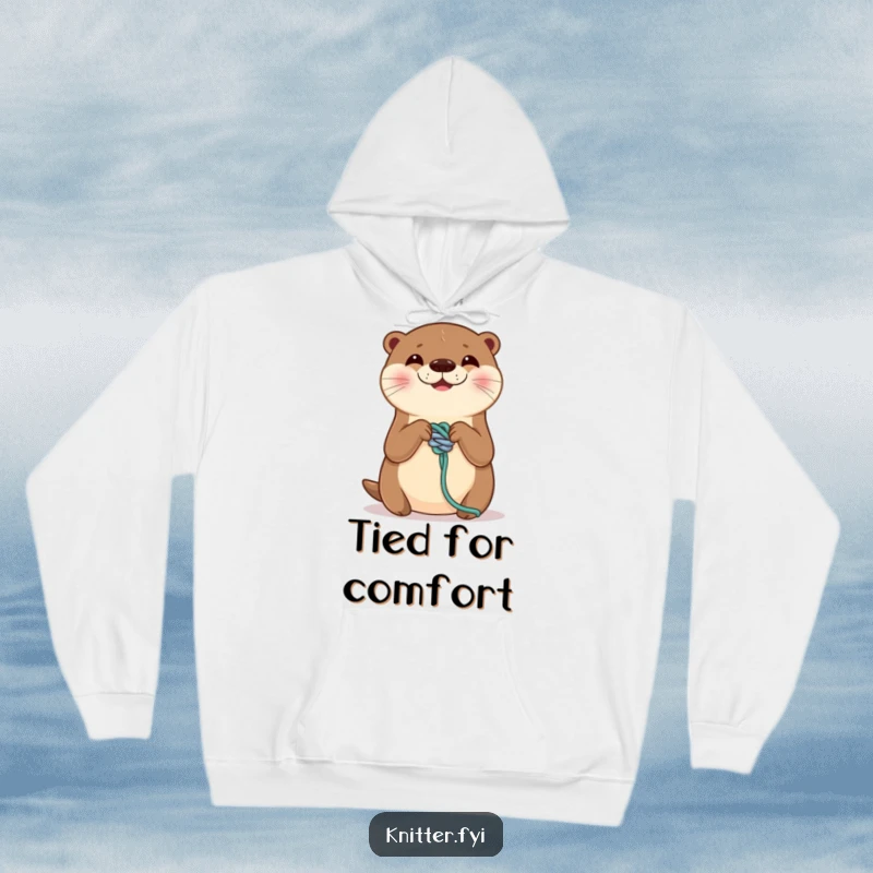 Funny hoodie depicting a smiling otter skillfully tying a perfect knot on a yarn strand. Cozy and clever apparel, a perfect funny gift.