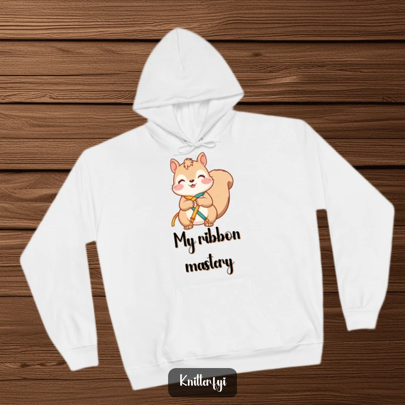 Funny squirrel hoodie featuring a contented character happily knotting bright ribbons together, perfect for staying cozy.