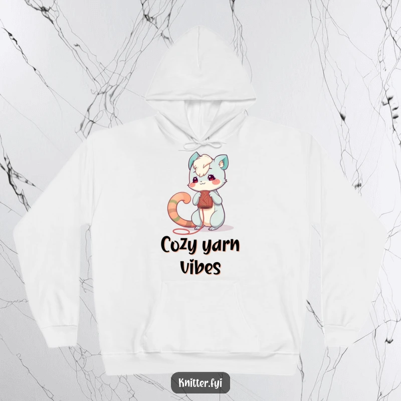 Funny hoodie: A playful creature with an extended tail meticulously winds yarn around a spool, symbolizing focused creativity.