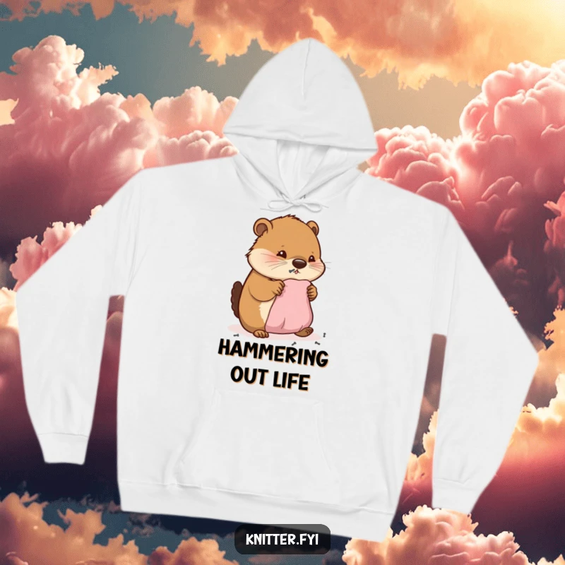 Funny hoodie showing a diligent beaver joyfully hammering tiny nails into a piece of miniature fabric, a cozy garment for creators.