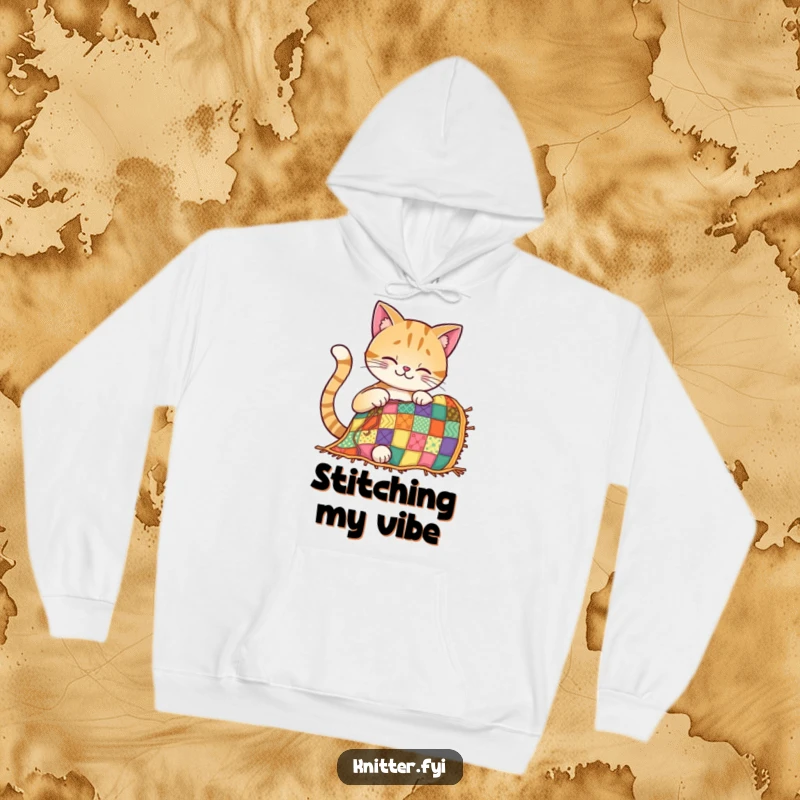 Funny cat hoodie with a smiling cat intensely sewing a colorful patchwork quilt, radiating creative energy.
