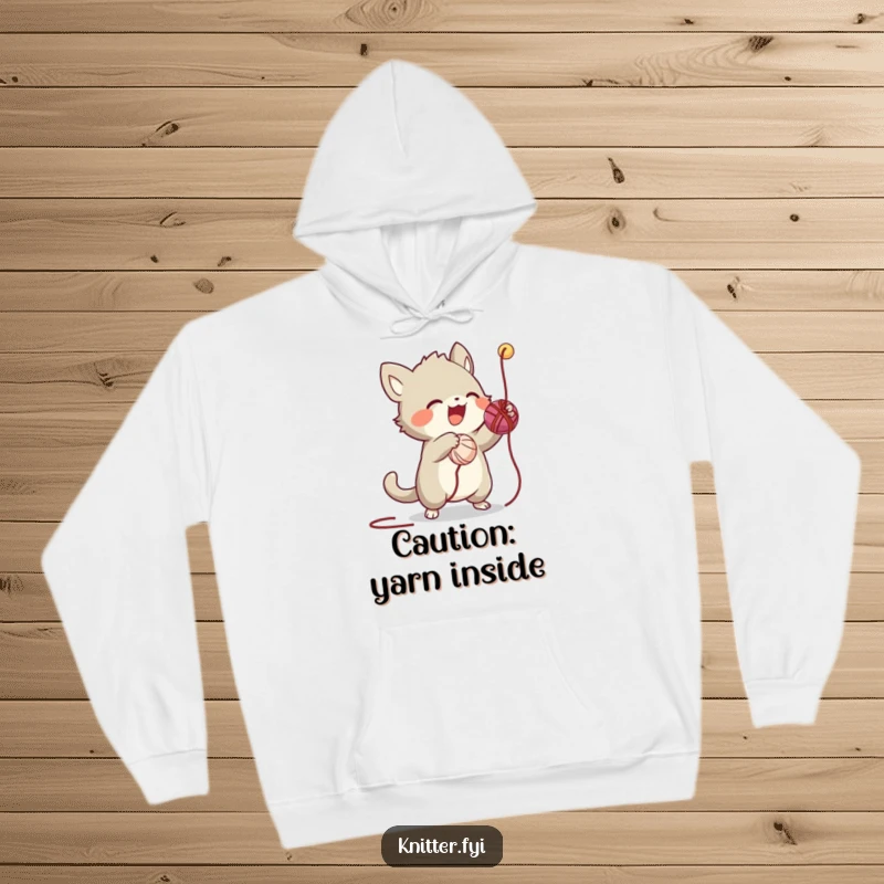 Funny hoodie print of a cute, energetic creature playfully batting at a loose thread from a big ball of yarn, full of glee.
