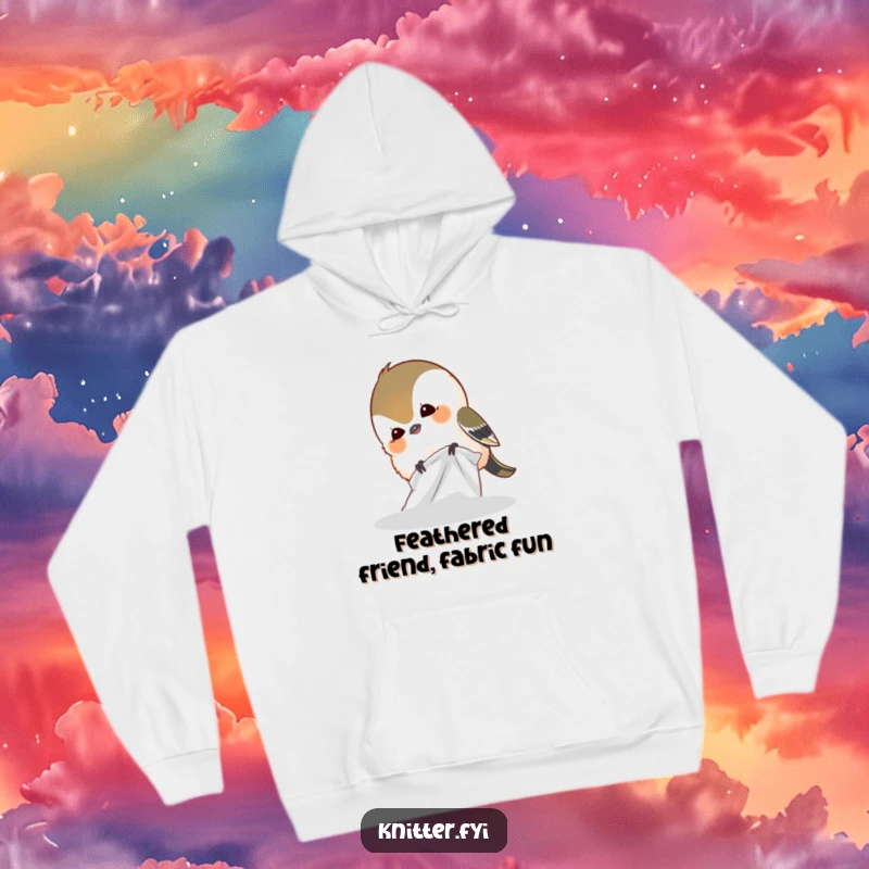 Funny hoodie showcasing a giggling chickadee intently pecking at a fabric scrap, exuding playful energy and humor.