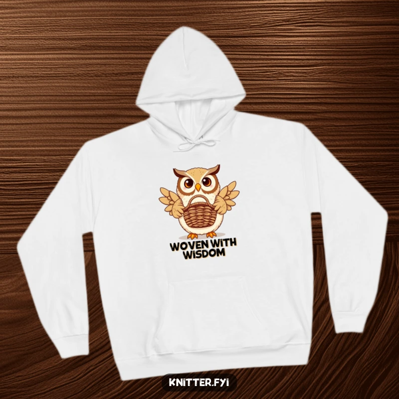 Funny owl hoodie depicting a proud owl displaying a beautifully woven basket. Cozy and humorous.