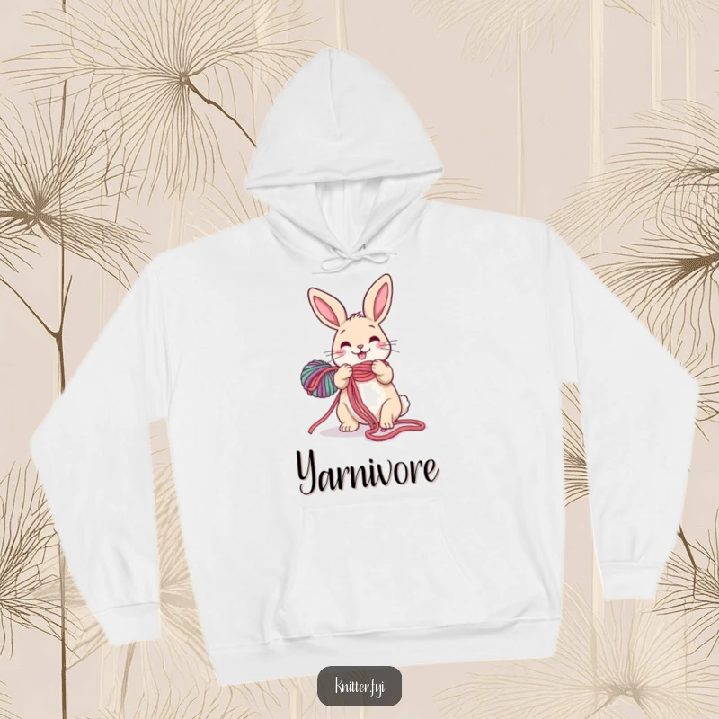 Funny Rabbit Hoodie: A happy rabbit hilariously unravels a long, colorful yarn strand, embodying crafting fun.