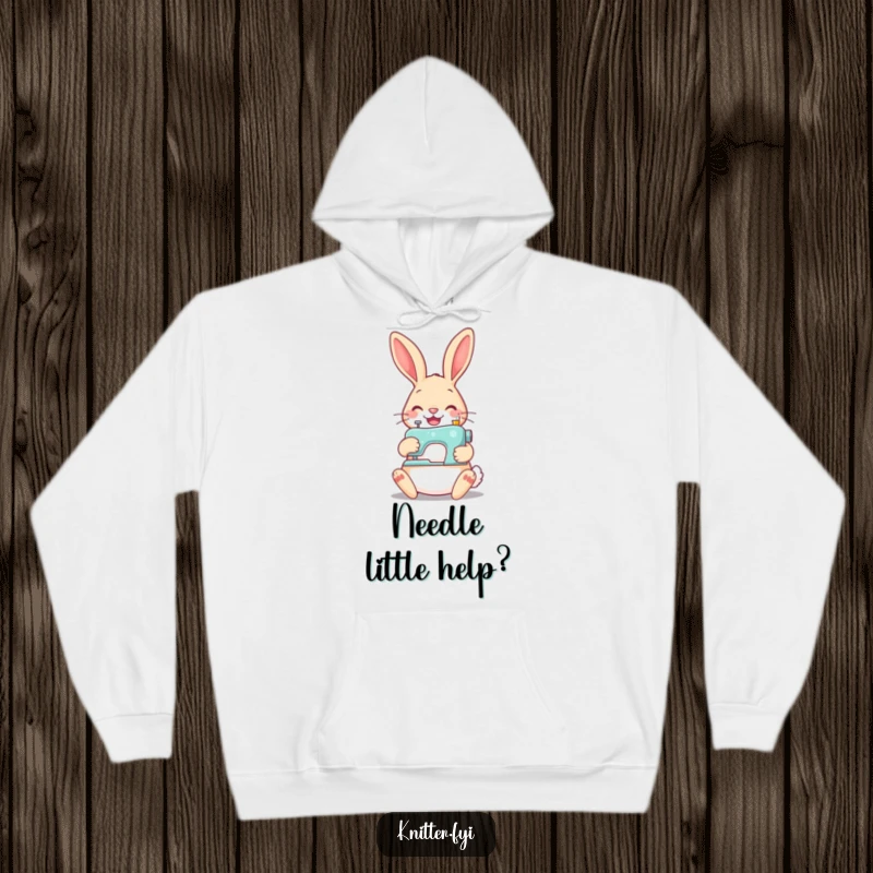 Funny cheerful rabbit hoodie, diligently sewing a button with a mini sewing machine, offering cozy crafting vibes.