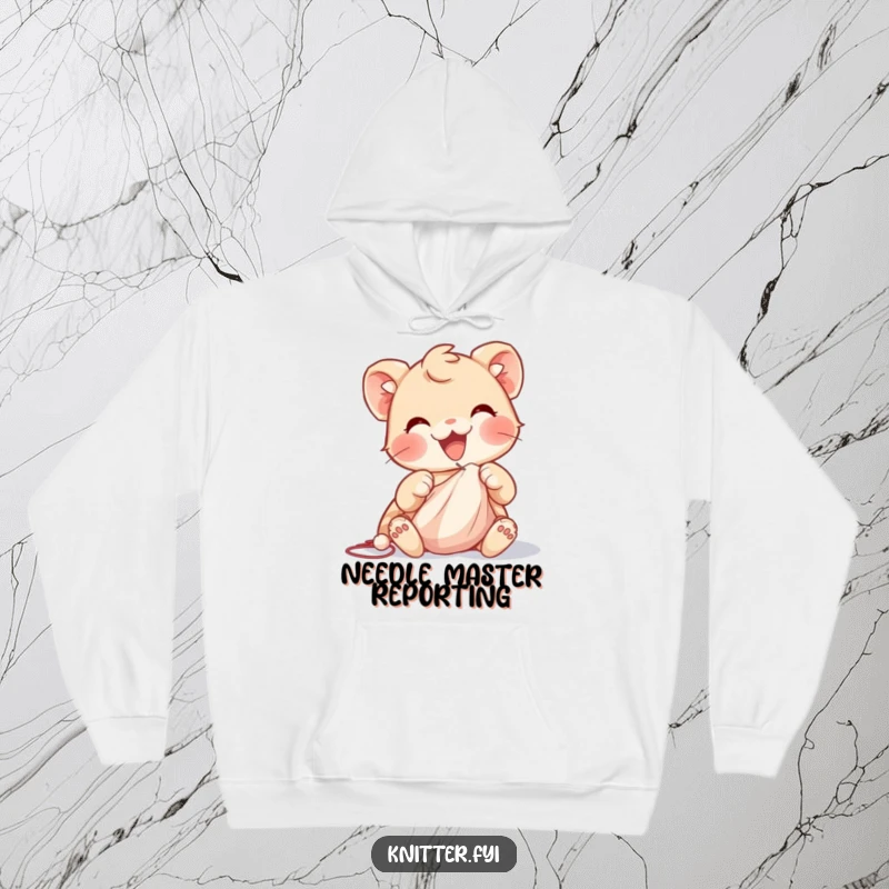 Funny hoodie print of a delighted creature with quick paws guiding a needle through a piece of fabric, demonstrating focus and skill.