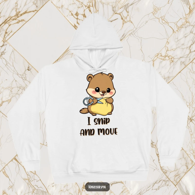 Funny beaver crafter hoodie showing a busy beaver cutting fabric with scissors, a humorous gift for DIY enthusiasts.