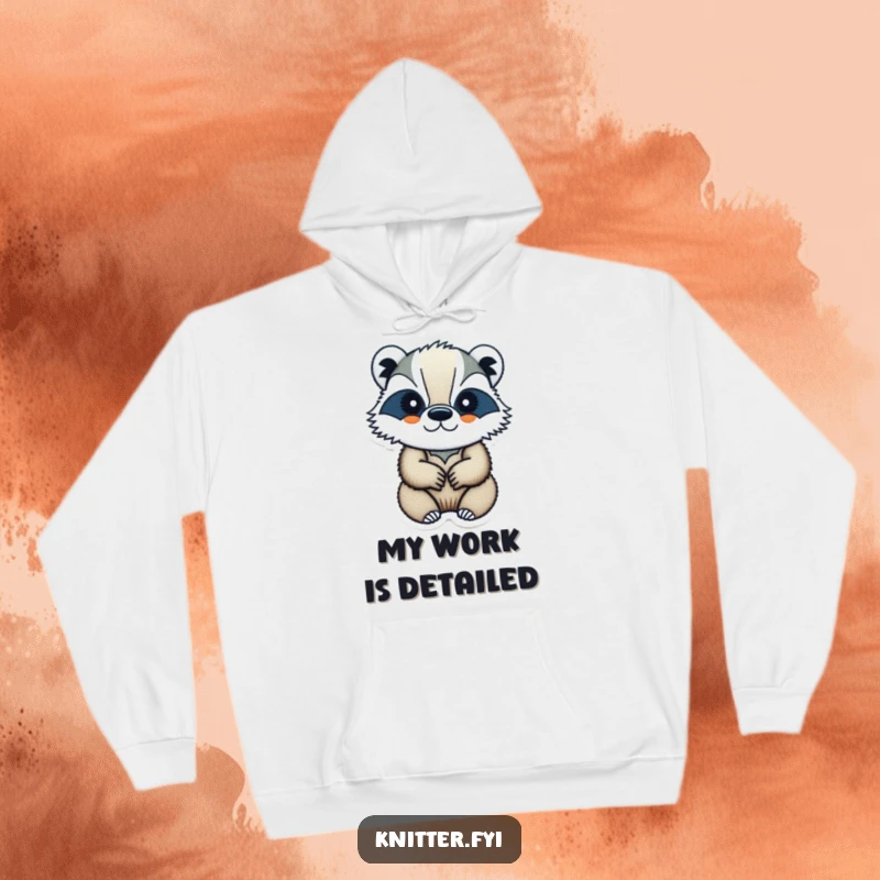 Funny badger crafter hoodie showing a determined badger embroidering, a humorous gift for textile artists.