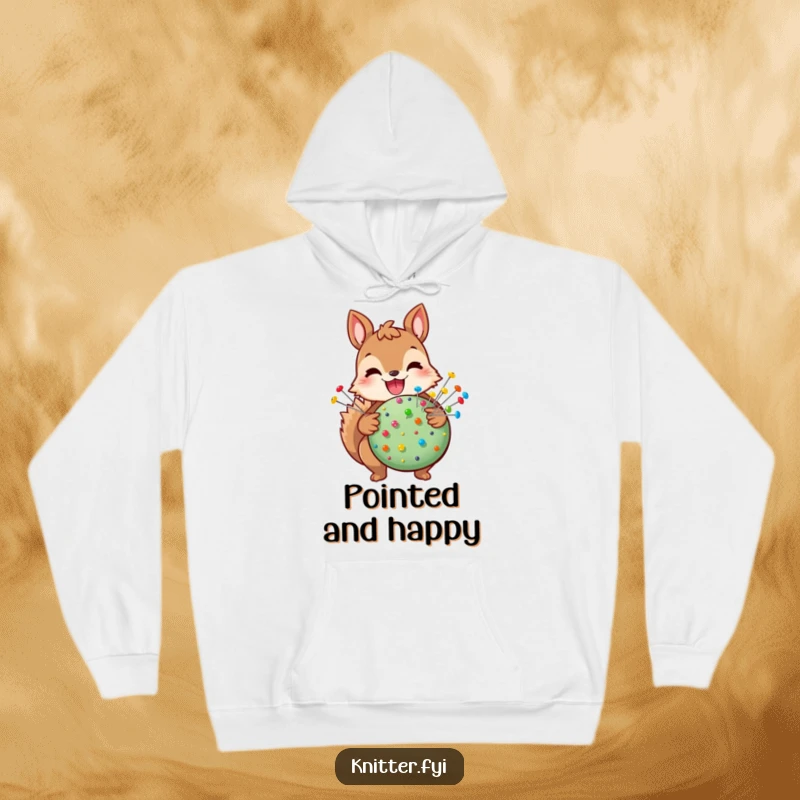 Funny squirrel crafter hoodie featuring a joyful squirrel holding a pincushion with pins, a humorous gift for makers.