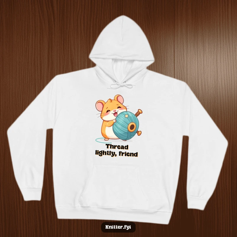 Funny Kawaii hamster hoodie, happily spinning a large thread bobbin, cozy and humorous apparel for crafters.