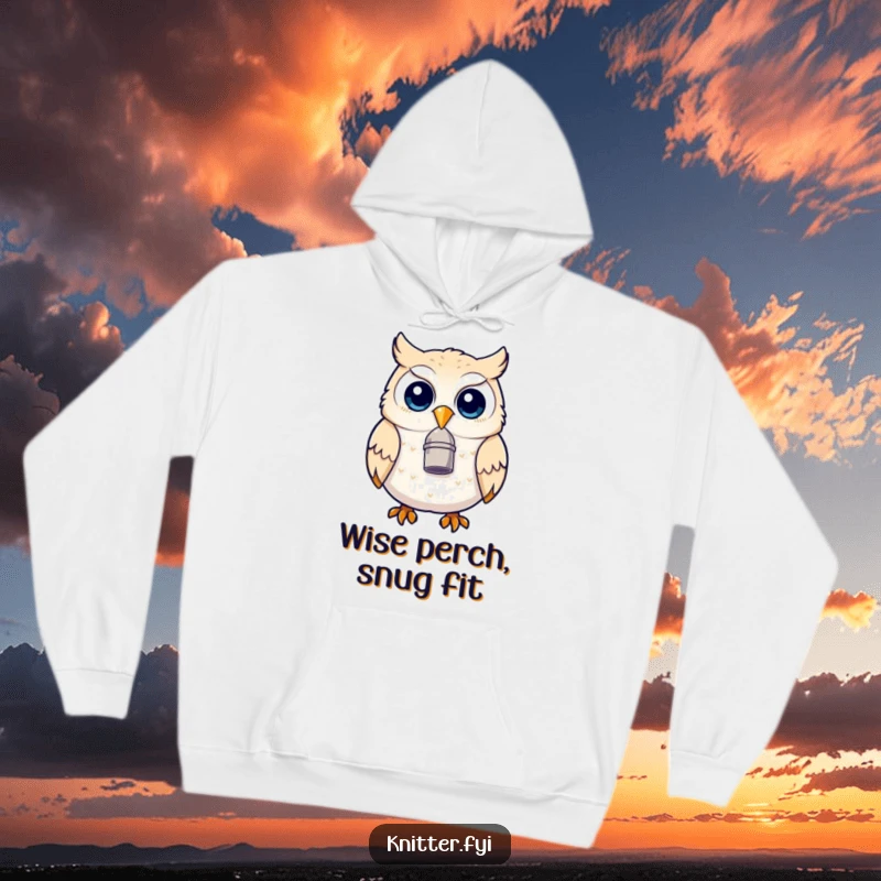 Funny owl hoodie with a thimble on its beak, looking amused and ready for a sewing session, cozy and humorous apparel.