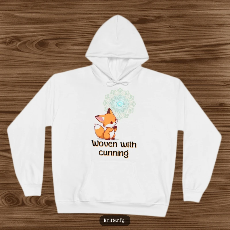 Funny hoodie featuring a curious fox character examining a complex lace pattern being woven in the air, perfect for art lovers.