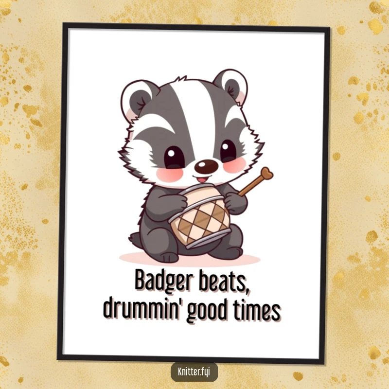 Funny Free Printable Wall Art: Mischievous badger enthusiastically plays a tiny thimble as a drum, full of energy.