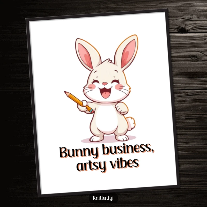 Funny Free Printable Wall Art: Joyful bunny artist focusing intensely on drawing a pattern onto fabric with a pencil.