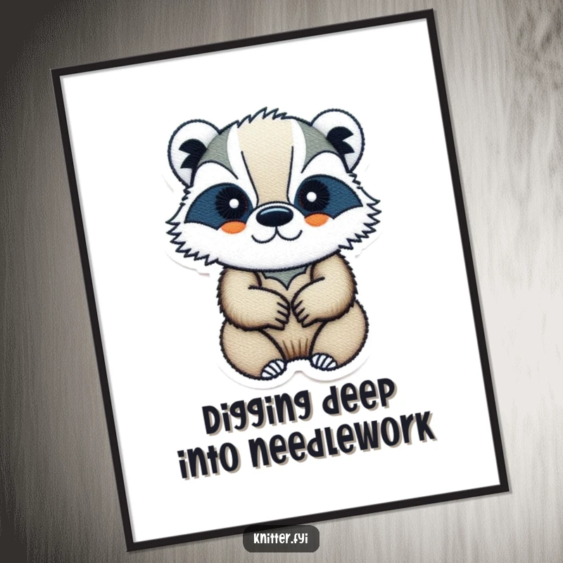 Funny Free Printable Badger Wall Art: A determined badger character intently embroiders a delicate and intricate design onto a piece of cloth.