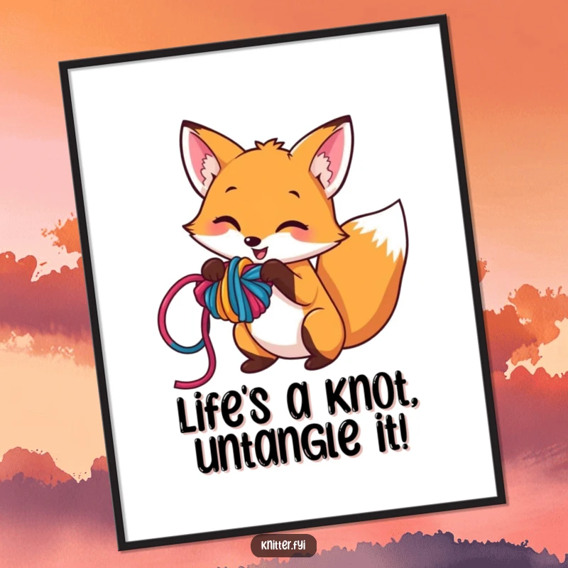 Funny Free Printable Fox Wall Art: A mischievous fox playfully tangles colorful yarn into a large, chaotic, and humorous knot.