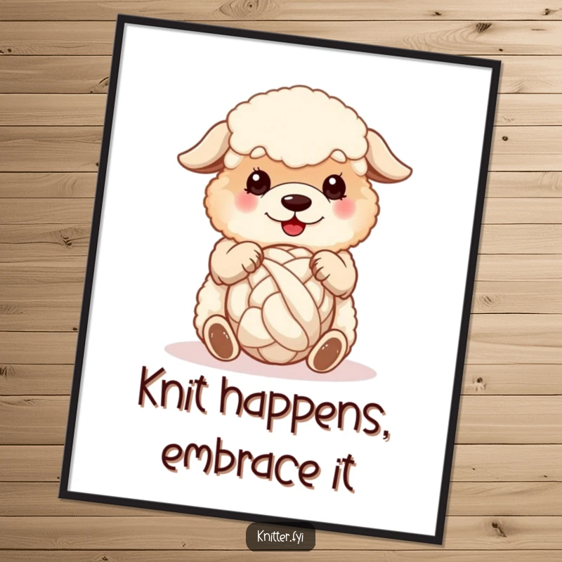 Funny free printable wall art of a fluffy sheepdog happily spinning a ball of wool with its paws.