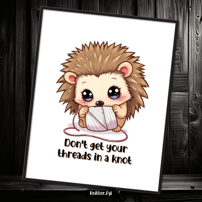 Funny Free Printable Wall Art: Curious hedgehog eyes wide examining shimmering thread, ideal for downloadable art.