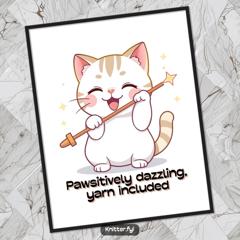 Funny Free Printable Wall Art: Playful cat with concentration threads a giant sparkling needle, bringing DIY humor indoors.