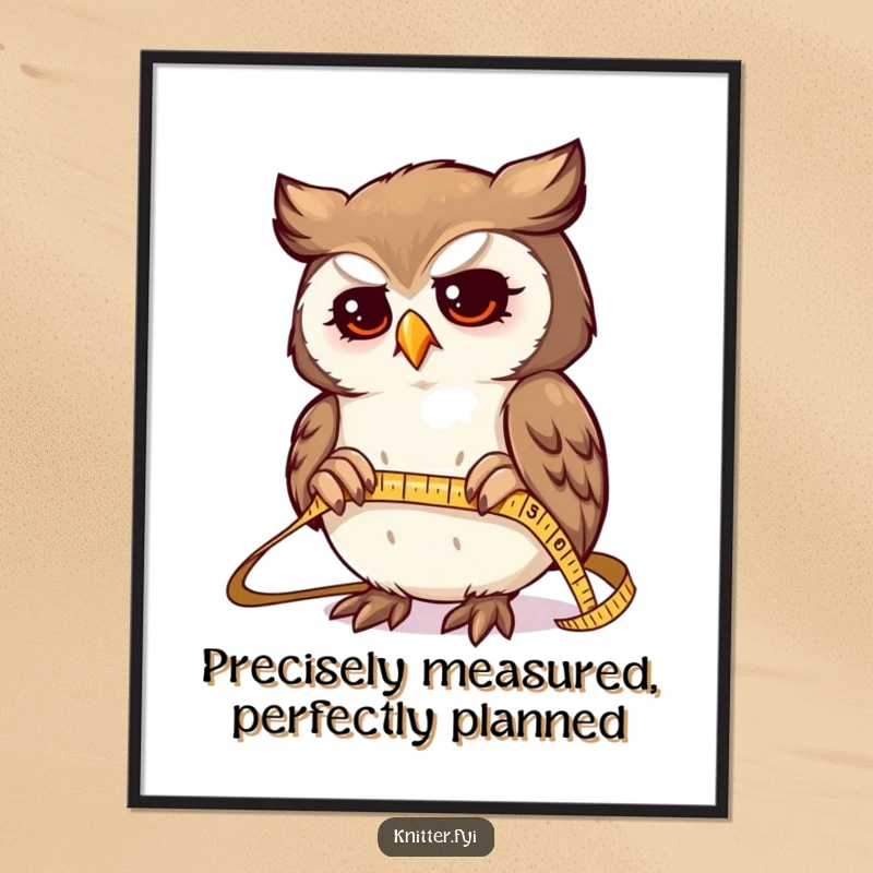 Funny Free Printable Wall Art: Determined owl expertly measuring fabric with a tiny shiny tape measure, DIY decor.