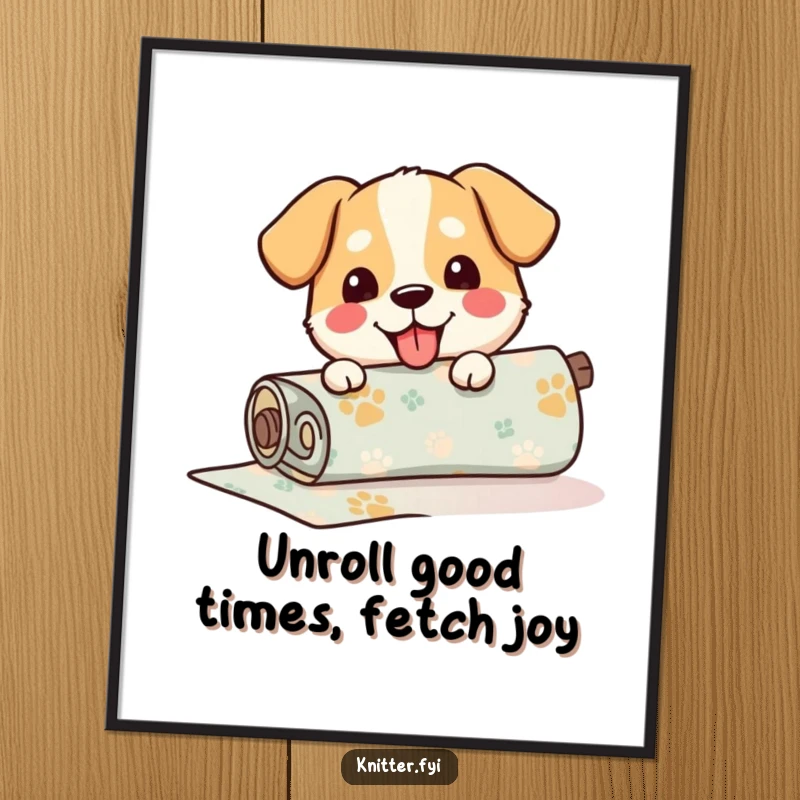 Funny Free Printable Wall Art: Happy dog carefully unrolling a roll of patterned fabric, ideal for downloadable art.