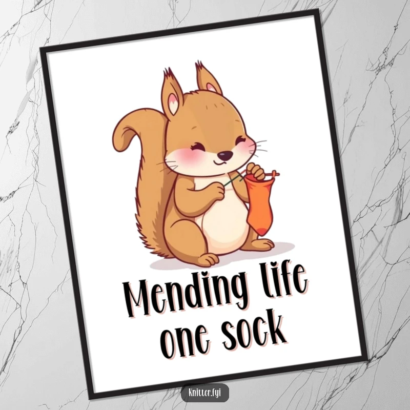 Funny Free Printable Wall Art of a curious squirrel diligently using needle and thread to mend a sock.