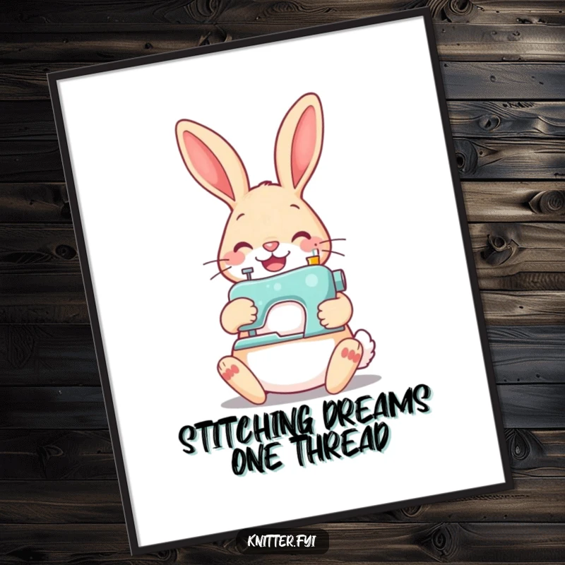 Funny Free Printable Wall Art of a cheerful rabbit using a tiny sewing machine to happily stitch a button.