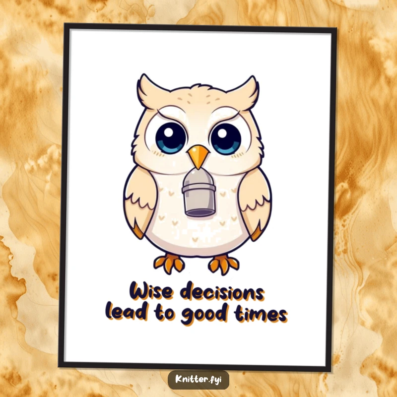 Funny Free Printable Owl Wall Art: A delighted owl wearing a thimble on its beak, adding whimsical decor.