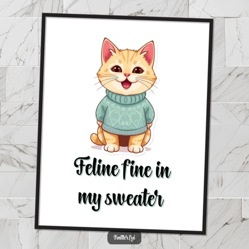 Amusing free printable wall art: a delighted cat posing proudly in a ridiculously tiny, custom-made, handmade knitted sweater.