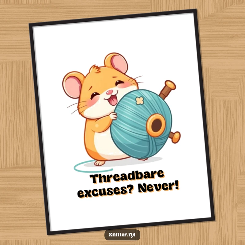 Funny Free Printable Wall Art: A delighted Kawaii hamster happily spinning a large bobbin of colorful thread.