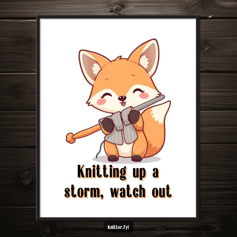 Funny Free Printable Wall Art: Playful fox holding a pair of enormous knitting needles, perfect for DIY wall decor.