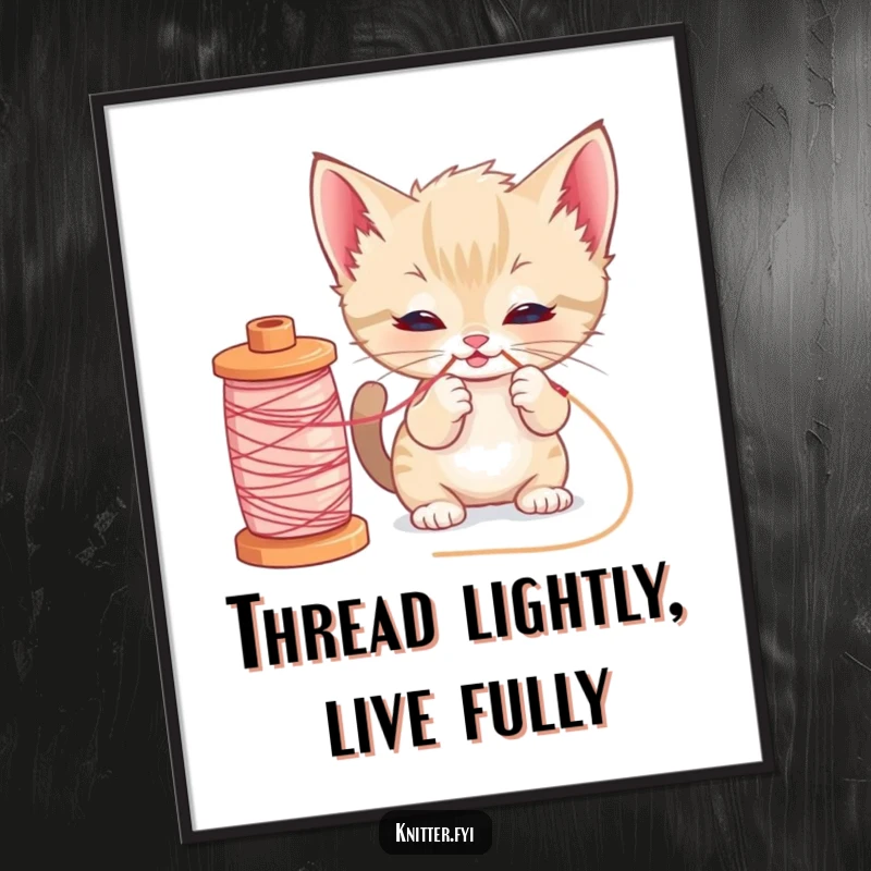Funny Free Printable Wall Art: Curious kitten humorously tangled in a large spool of thread, a delightful decor piece.