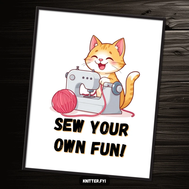 Funny Free Printable Wall Art featuring a happy cat joyfully operating a sewing machine with bright yarn, creating a scene of cozy, crafty fun.